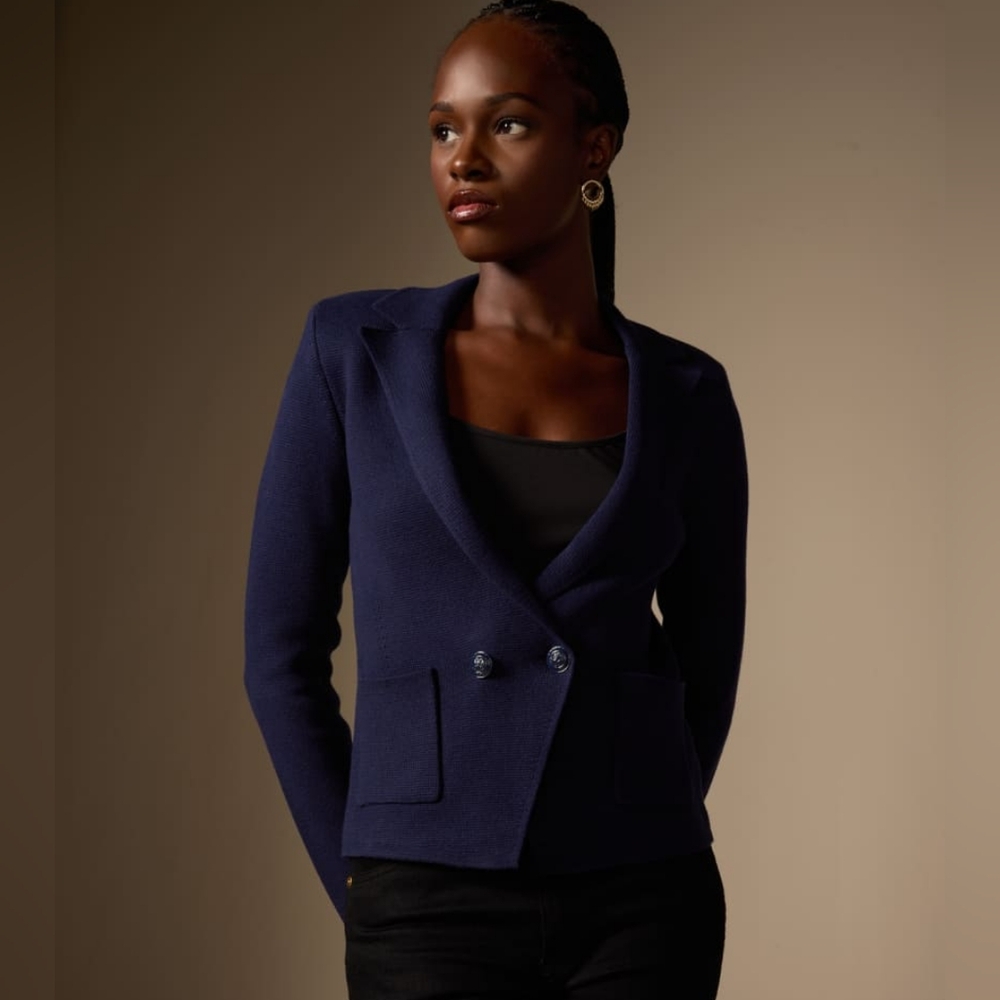 L' Agence Sofia Blue Double-Breasted Knit Button Blazer Size L